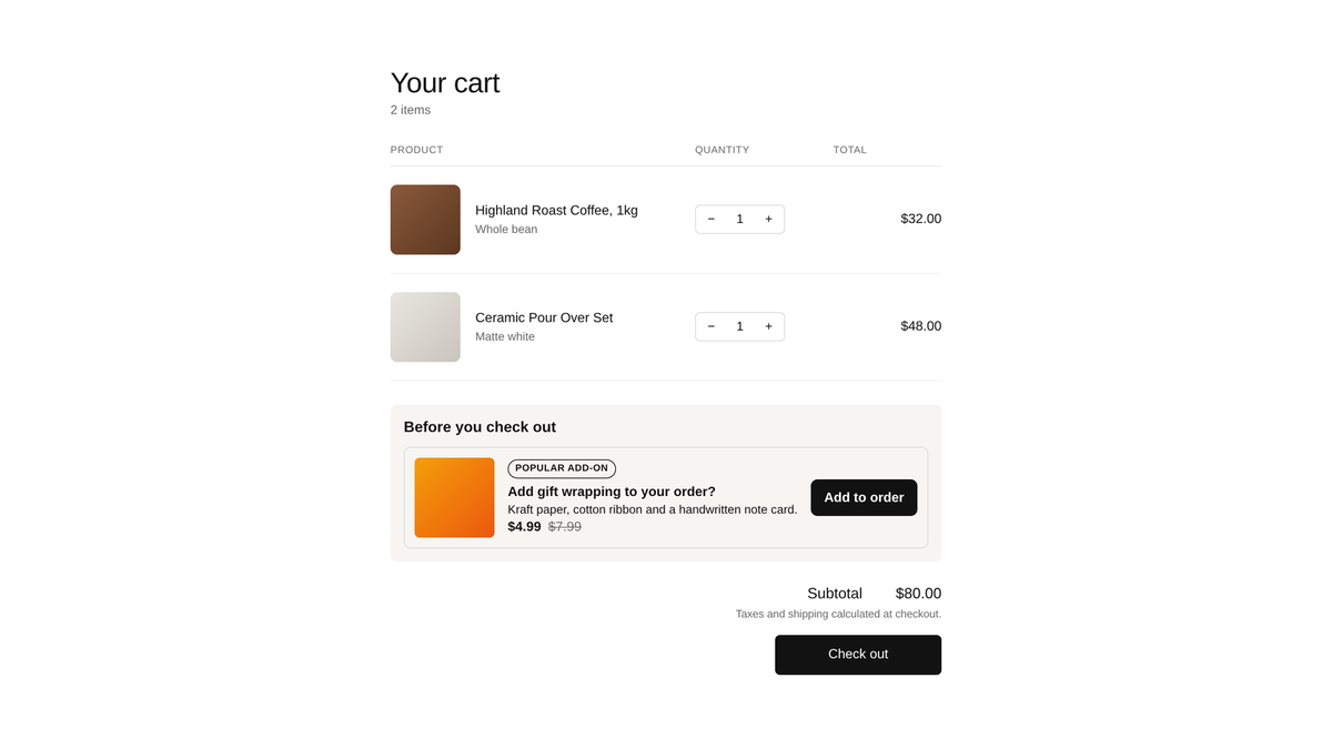 Cart Bump, the one-tap offer card sitting on the cart page
