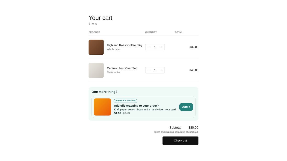 Cart Bump, the offer card styled to match the store theme